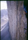 Lokking across from'Comici'Route North Face of Cima Grande de Laverado, Dolomites other climbers on the Brandla Hasse Route