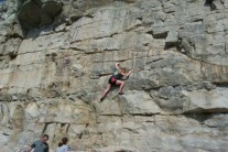 Debbie Matthews toproping All Fall Down (F6a+), Dancing Ledge Quarry