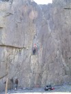 Solstice, Bus Stop Quarry (HVS 5a).  graphiclunarkid leading, with Kiri belaying