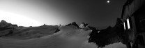 Moonlight panoramic from the Bertol hut towards Tete Blanche. In isolation on the horizon (left of centre) is the Matterhorn.