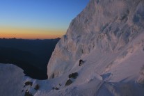 John entering the serac band on the Brenva Spur, at sunrise on a perfect day on Mont Blanc.