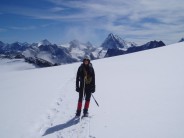 After a massive dump of snow on route to the summit. Dent Blanche, Obergabelhorn, Zinalrothorn in the background.