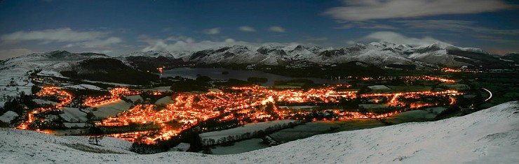 Keswick from Latrigg on a moonlit and snowy night. This was actually Boxing day evening in 2004.  © Ice Nine