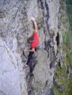 first ascent of Iron Curtain E5 6a. Iron Crag.