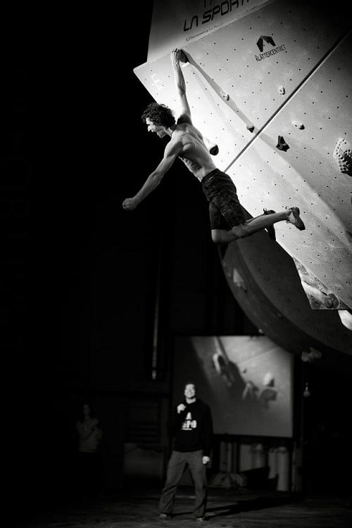 Adam Ondra flashes the 5th problem and knows he has won. La Sportiva legends Only 2011  © Jonas Paulsson