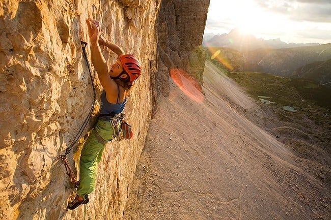Alex Schweikart on pitch four of the 8a+/b Dolomites route of Camillotte Pellesier  © Alexandra Schweikart Collection