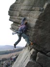 Dave Emms getting a little dynamic on "Kirkus's Corner (E1 5b)" Stanage