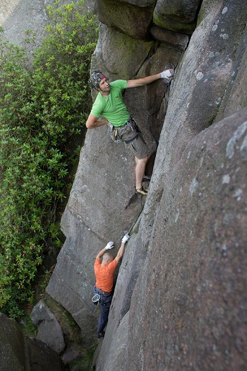 Andi and Pete soloing Rhodren at the Roaches  © Dave Hudson