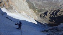Part way up the ice fields during the first ascent of Mt Kamasu, Kyrgyzstan.