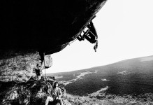 Paul Ingham climbing Roof Route, Back Bowden Doors. 1979.