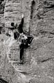 Paul Ingham climbing The Trouser Legs, Ravensheugh Crag. 1979.