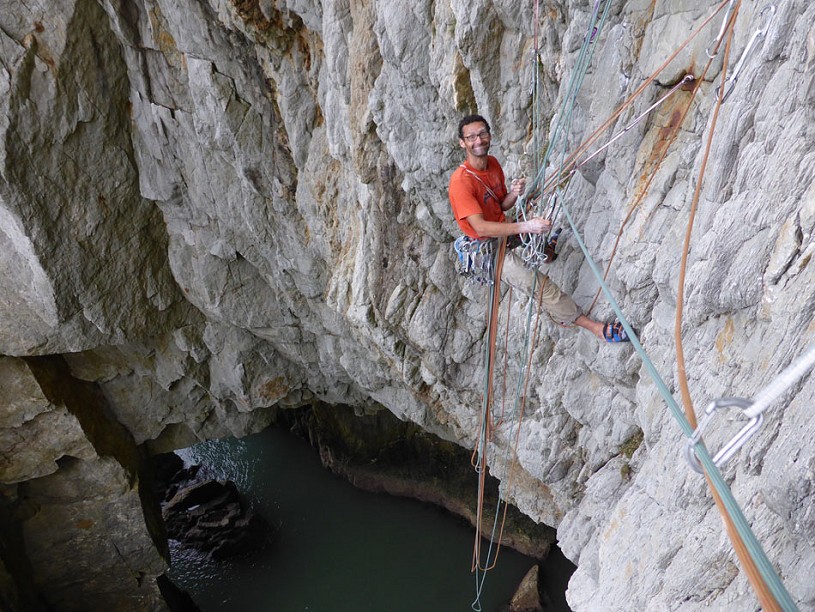 Nick Bullock belaying again, this time in 2014, the belay hasn't got any better!  © Tim Neill