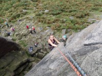 Climbing up Heaven Crack, Stanage, Peak District