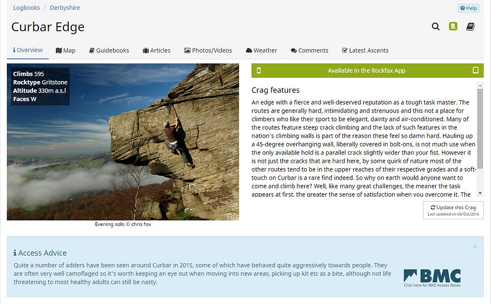 Crag Overview has live Access Issues from the BMC RAD database  © UKC News