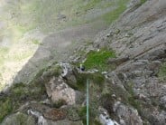 Looking down onto terrace (that is to left of Belay, top of pitch 4), from belay spike at top of pitch 5, Paradise, Lliwedd