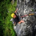 Rob doing battle with the Wintours classic "Swatter" on a multi-pitch rock climbing course