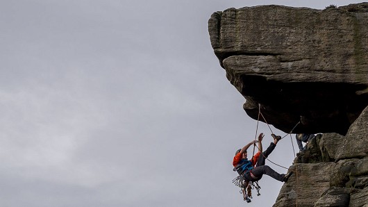 Jamie falling awkwardly on Quietus, getting his heel caught on the rope.   © climberinspace