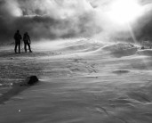 Snowy descent on Fairfield Horseshoe, top of Hart Crag, Lake District