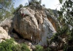 Rob Greenwood topping out on the bulging tufa of Chorrera (7a+) at Sector Sombra