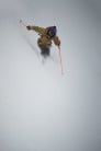 Matt Livingstone setting up for a jump turn during a whiteout in the alps