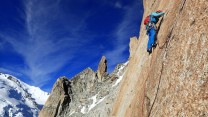 Wendy leading the 'S' crack pitch of the Rebuffat-Baquet on the south face of the Midi