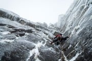Tim Miller on the steep and imposing third pitch of Neanderthal<br>© Tim Oliver