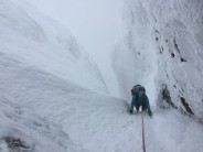 Morna just below the cave belay on Crowberry Gully