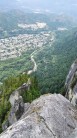 Airy perch! Lower left, looking down on the Acrophobes, alpine climbing . On Angel's Crest, Squamish, BC,Canada