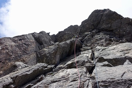 Navigating the monstrous flake on the crux pitch of Dragon.  © Annaclaire16