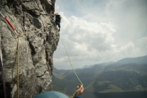 Ian Almond on the traverse pitch of Fionn Buttress, Carnmore Crag