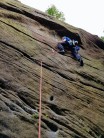 Leading Rough Wall at Brimham Rocks. Crack of the crux in upper left.