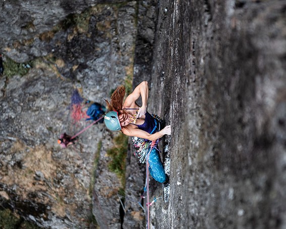 Emma on a repeat ascent of Right Wall E5 6a  © Marc Langley