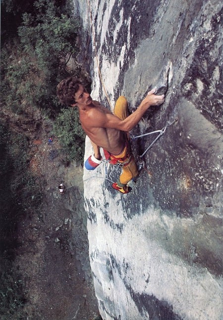 Ron Fawcett on the first pitch of <em>The Prow</em> at Raven Tor, Miller's Dale, the culmination of modern achievement at the time of writing of Geoff's article. Photo: Leo Dickinson.  © Leo Dickinson