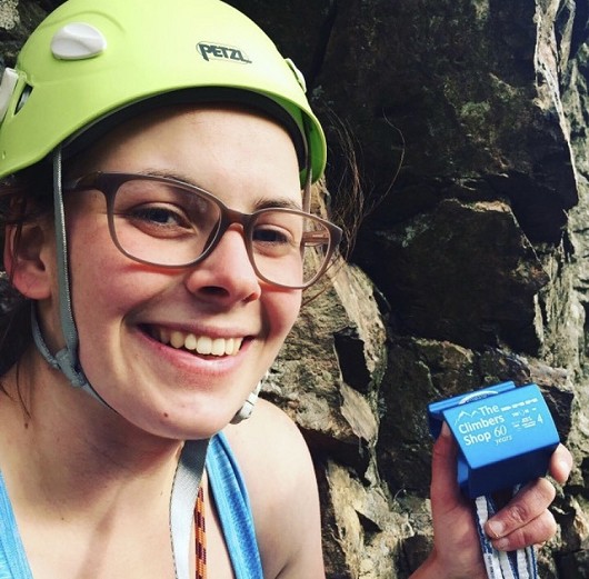 Erin with her found nut from Gordion Knot, White Ghyll!  © Joe Browns/The Climbers Shop