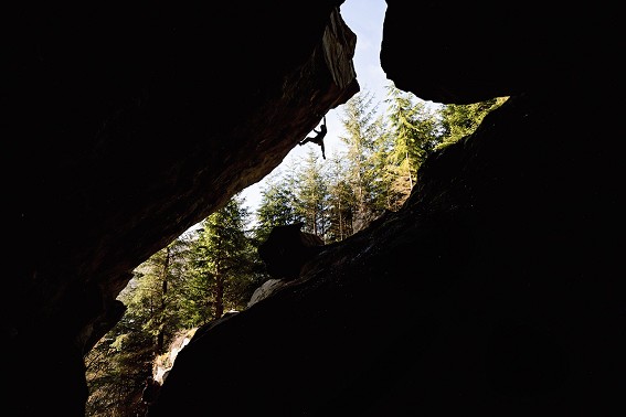 Third ascensionist Dave MacLeod on Hunger, 9a  © Dark Sky Media