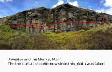Road Moor Quarry - Main face - Line of 'Tweeter and the Monkey Man'