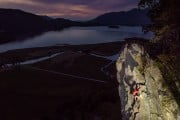 Will Birkett races up the top pitch of Little Chamonix as night falls, the final route of The Lakes Classic Rock Round.