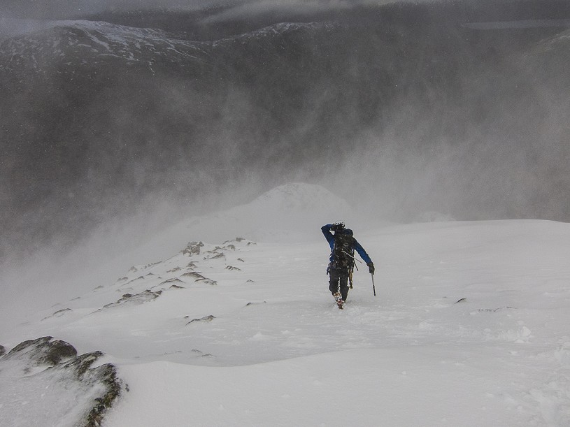 A 'red weather' day on the Buachaille, and the snow conditions need thought - not a day for pushing your grade   © Dan Bailey