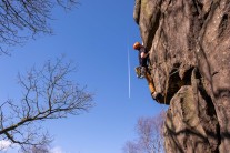 Milo Dixon moving back left on to the face of Moyer's Buttress.