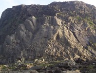 View of the crag with teams on Diagonal (right) and the Direct Route (left)