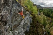Robbie Phillips cutting loose on the first ascent of his new route 'What we do in the shadows' (E10,7a) at Duntelchaig.
