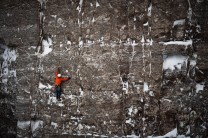 Guy Robertson high on pitch one of Wailing Wall IX,9 in Stag Horn Gully on An Teallach. Second Ascent.