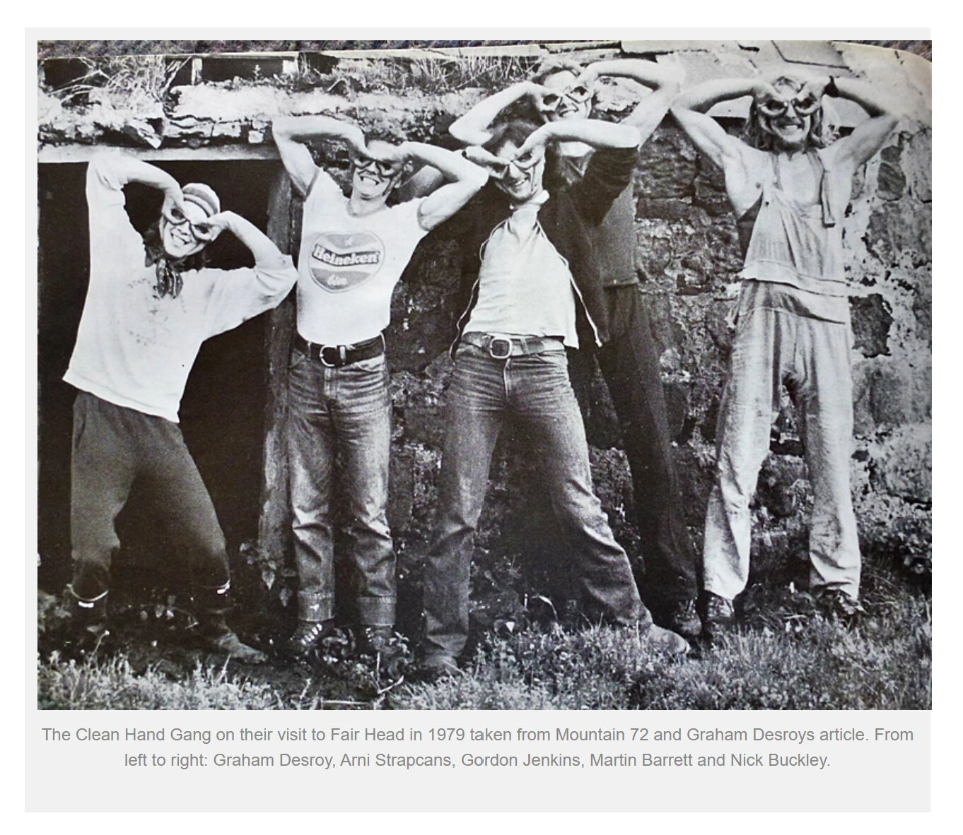 The Clean Hand Gang on their visit to Fair Head in 1979 taken from Mountain 72 and Graham Desroy's article. From left to right: Graham Desroy, Arni Strapcans, Gordon Jenkins, Martin Barrett and Nick Buckley.