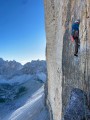 Simon McCabe on the steep lower pitches of the Comici-Dimai route on the Cima Grande