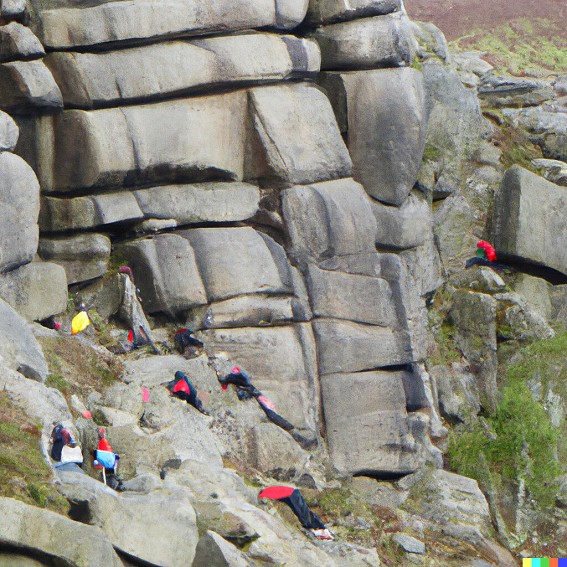 Stanage Plantation busy with climbers.  © DALL.E