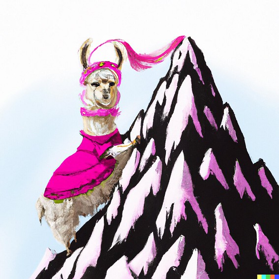 Draw a llama in a pink dress climbing Everest.  © DALL.E