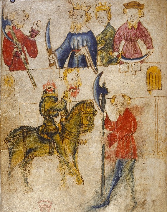 The Green Knight loses his head, Gawain looks embarrassed  © Illustration from the original manuscript (British Library)