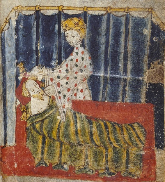 The Lady of the Castle tempts Sir Gawain  © Illustration from the original manuscript (British Library)