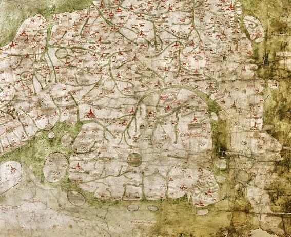 Gough map c1360. Not up to OS standard, and he probably didn't carry a compass. No wonder he took 9 weeks...  © Gough