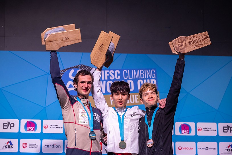 Men's podium: Ondra, Lee, Schalck.   © Jan Virt/IFSC